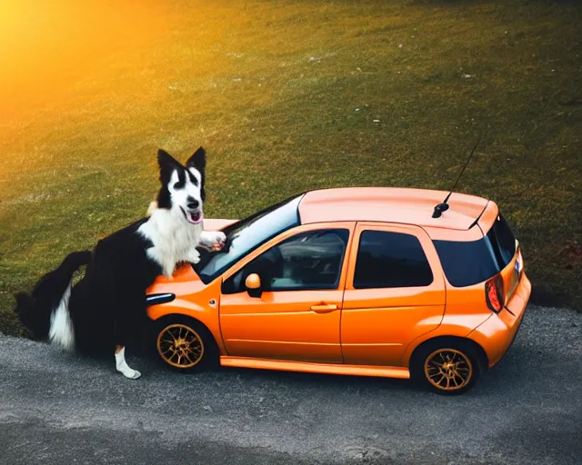 Image similar to border collie dog driving an orange nissan note, dog driving car, rally driving photo, award winning photo, golden hour, perfect composition