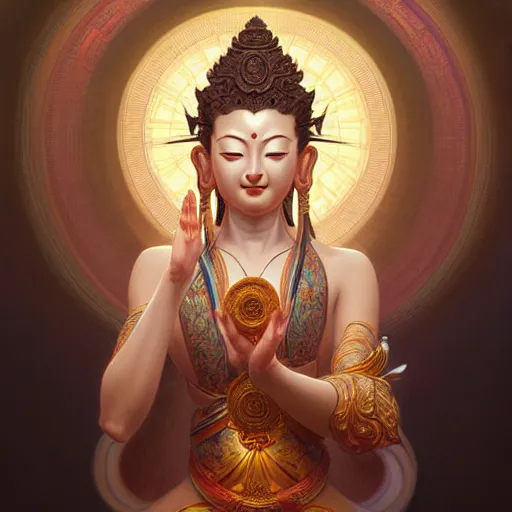 Image similar to avalokiteshvara using a deodorant, intricate, elegant, highly detailed, my rendition, digital painting, artstation, concept art, smooth, sharp focus, radiant light, illustration, art by artgerm and greg rutkowski and alphonse mucha