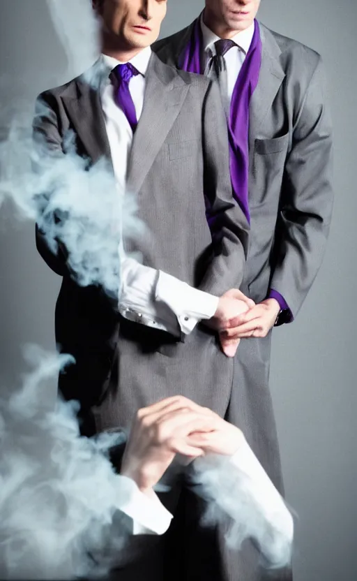 Image similar to a realistic photo of blond Patrick Bateman in purple jacket, Kira Yoshikage in real life, studio photography , dark grey background, softly backlit, gentle smoke effect, photo courtesy Museum of art