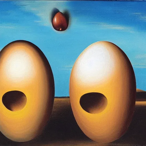 Prompt: A pair of barn owls and a floating egg, oil painting by Salvador Dali