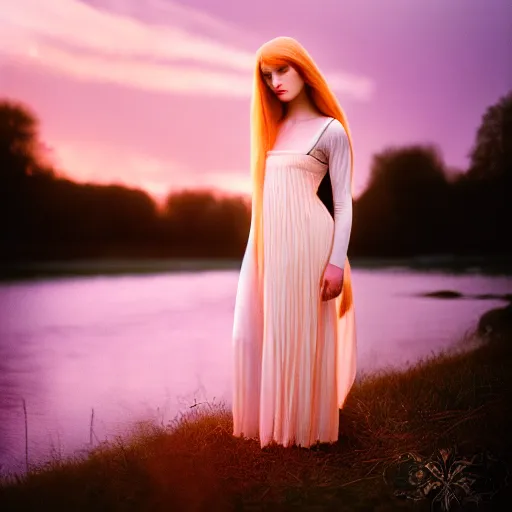 Prompt: photographic portrait of a stunningly beautiful english renaissance female mage in soft dreamy light at sunset, beside the river, soft focus, contemporary fashion shoot, hasselblad nikon, by edward robert hughes