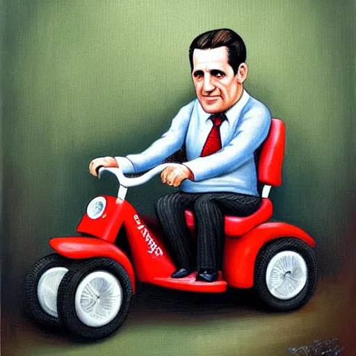 Image similar to Michael Scott on a tricycle, lowbrow painting by Mark Ryden