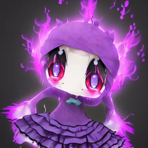 Image similar to cute fumo plush of a void imp who crawled out a hole in reality, anime girl, black and purple flares and ribbon and heart, ruffled and tattered dress, symmetry, gothic, melting crayons, glow, vray