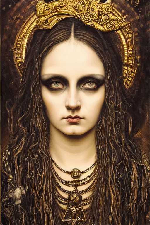 Image similar to hyper realistic painting portrait of the black metal queen, occult diagram, elaborate details, detailed face, intrincate ornaments, gold decoration, occult art, oil painting, art noveau, in the style of roberto ferri, gustav moreau, jean delville, bussiere, andrew gonzalez