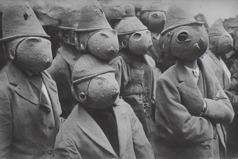 Prompt: vintage photo of villagers wearing weird masks by hilla becher, eerie, bizarre, highly detailed shot, dramatic 8 k uhd