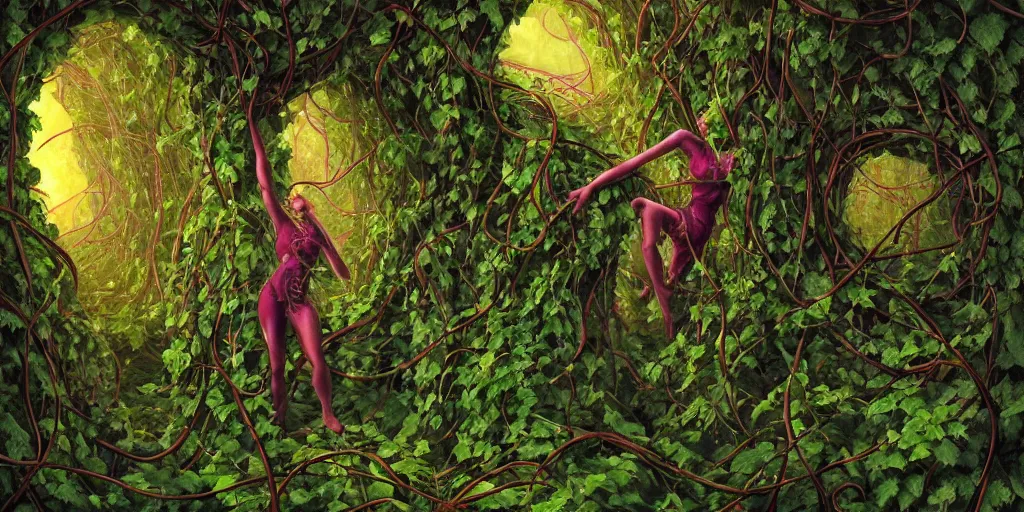 Image similar to a person trapped in extremely thick vines intertwined, central composition, high saturation, epic lighting, in the style of Peter gric and Hannah yata 8k