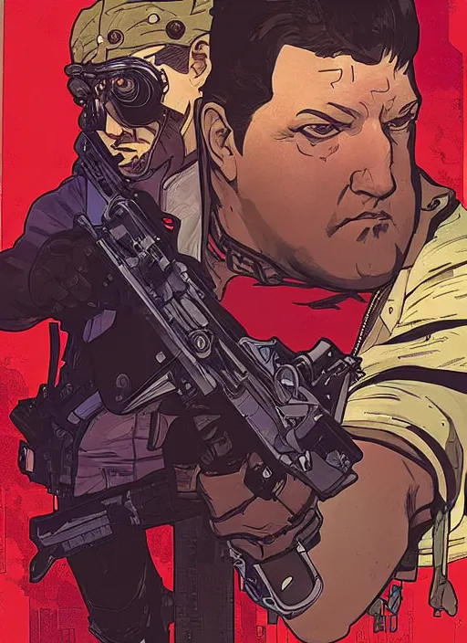 Prompt: cyberpunk paul blart fighting shoplifter. portrait by ashley wood and alphonse mucha and laurie greasley and josan gonzalez and james gurney. spliner cell, apex legends, rb 6 s, hl 2, d & d, cyberpunk 2 0 7 7. realistic face. vivid color. dystopian setting.