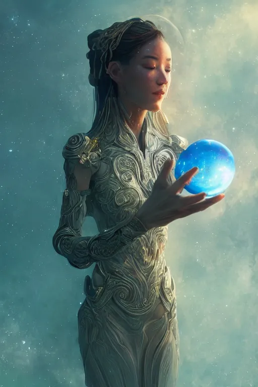 Prompt: space goddess floating while holding a magical orb in her hand. sci fi, intricate artwork by Tooth Wu and wlop and beeple. octane render, trending on artstation, greg rutkowski very coherent symmetrical artwork. cinematic, hyper realism, high detail, octane render, 8k