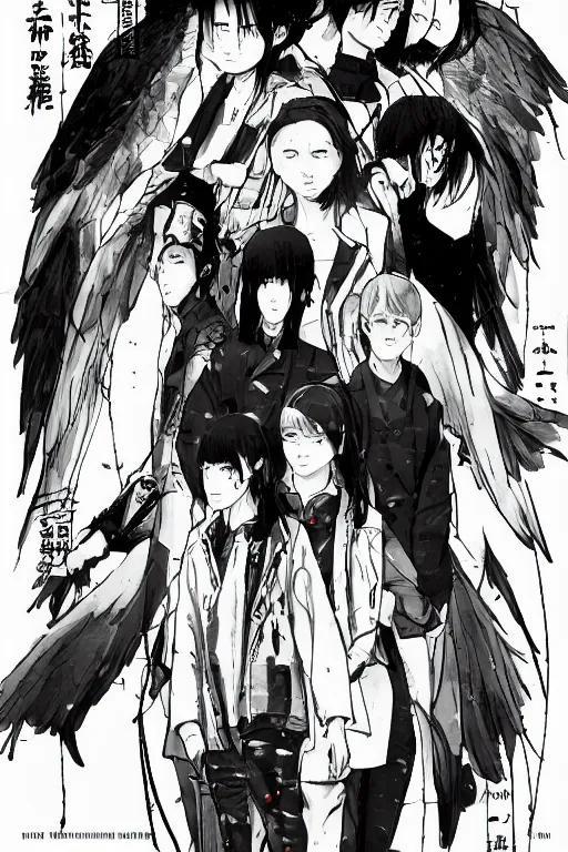 Prompt: professionally drawn seinen mature cyberpunk detective horror action manga comic cover about angels, angels, angels heaven, full color, beautifully drawn coherent professional, drawn by ilya kuvshinov, ilya kuvshinov, satoshi kon and tsutomu nihei. japanese script kanji hiragana on the cover. simplistic minimalist stylized cover art.