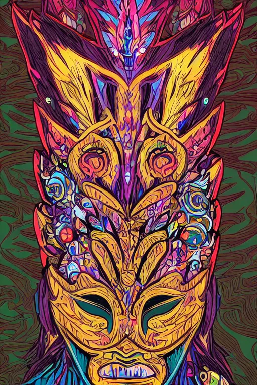 Image similar to animal mask totem roots flower tribal feather gemstone plant wood rock shaman vodoo video game vector cutout illustration vivid multicolor borderlands comics by josan gonzales and dan mumford radiating a glowing aura