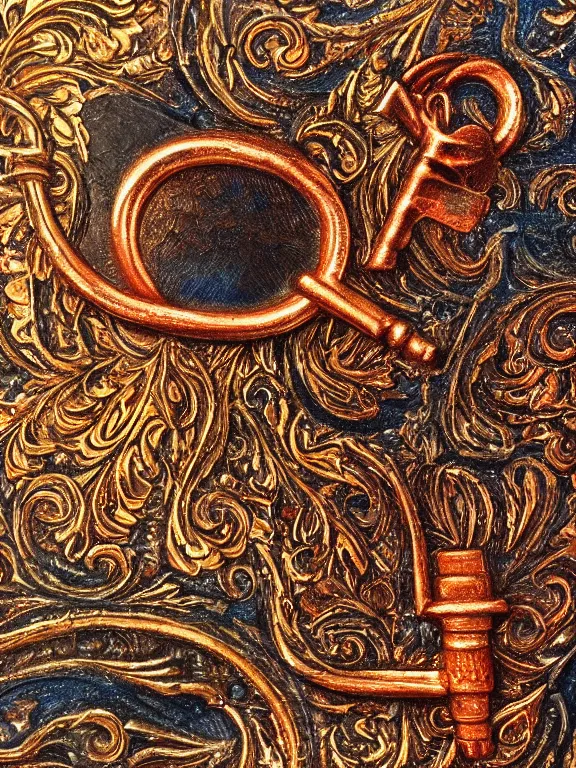 Image similar to a ultradetailed beautiful panting of an old copper key, with intricate detail, who can open the mind, oil panting, high resolution 4 k