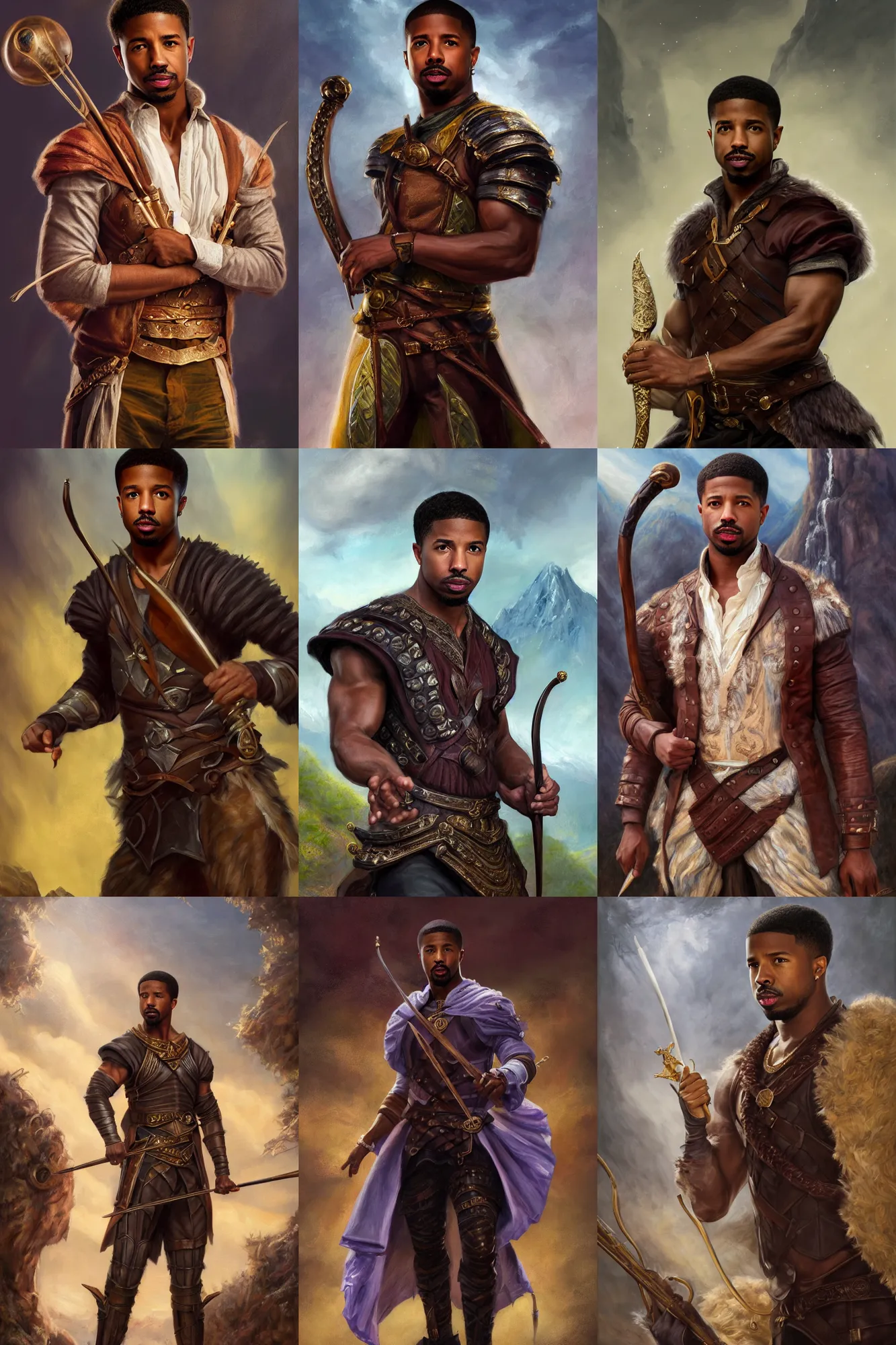 Image similar to a full body high detail fantasy portrait oil painting illustration of michael b. jordan as an elegant male bard by justin sweet with face and body clearly visible, in a scenic background, pupils visible, realistic proportions, d & d, rpg, forgotten realms, artstation trending, high quality, sombre mood, artstation trending, muted colours, entire person visible!