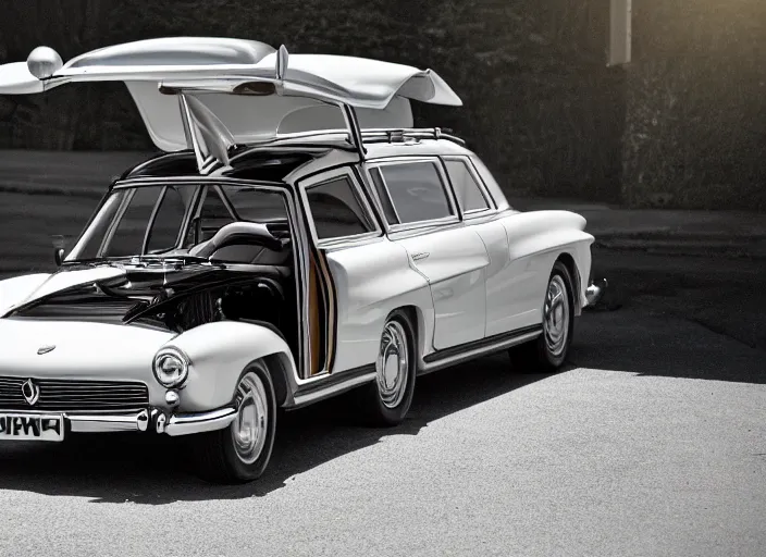 Prompt: photo still of a station wagon with open!!! gullwing doors!!! gullwing doors gullwing doors!!!, 8 k, 5 2 mm f 1 2