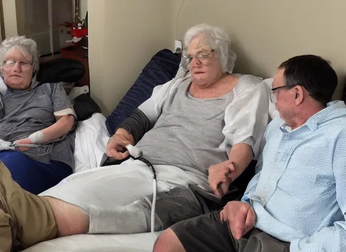 Image similar to people connected to a large single person via catheters,