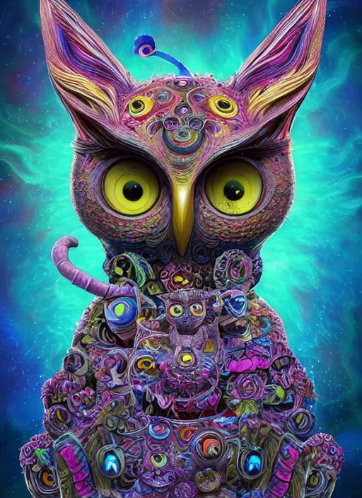 Prompt: a surreal portrait statue of a psychedelic cat owl figure by naoto hattori, android jones, and chris dyer, deep bold colors, galactic entity, depth of field, intricate beautiful painting, billions of details, octane render, portal, 8 k, detailed vector, trending on artstation, cgisociety, wow!!!!!!