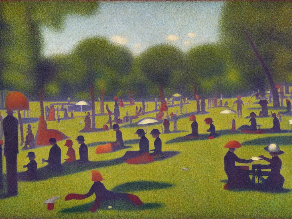 Prompt: a sunny day next to a river, many droids are milling in the park, by Georges Seurat and Moebius, trending on artstation