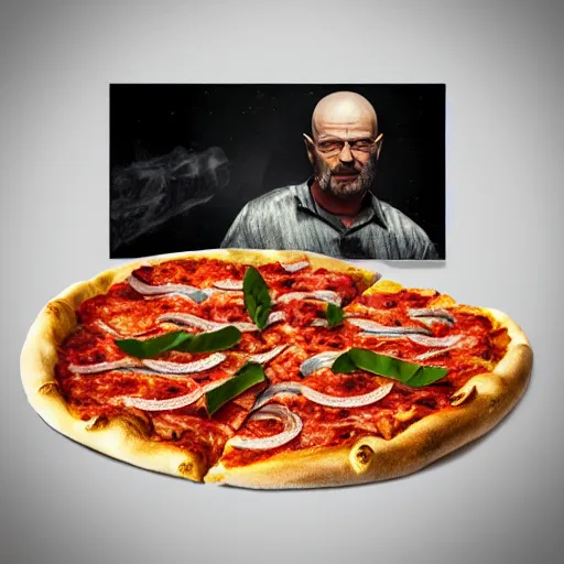 Image similar to pizza made of walter white, unreal, render, splash, award winning photograph