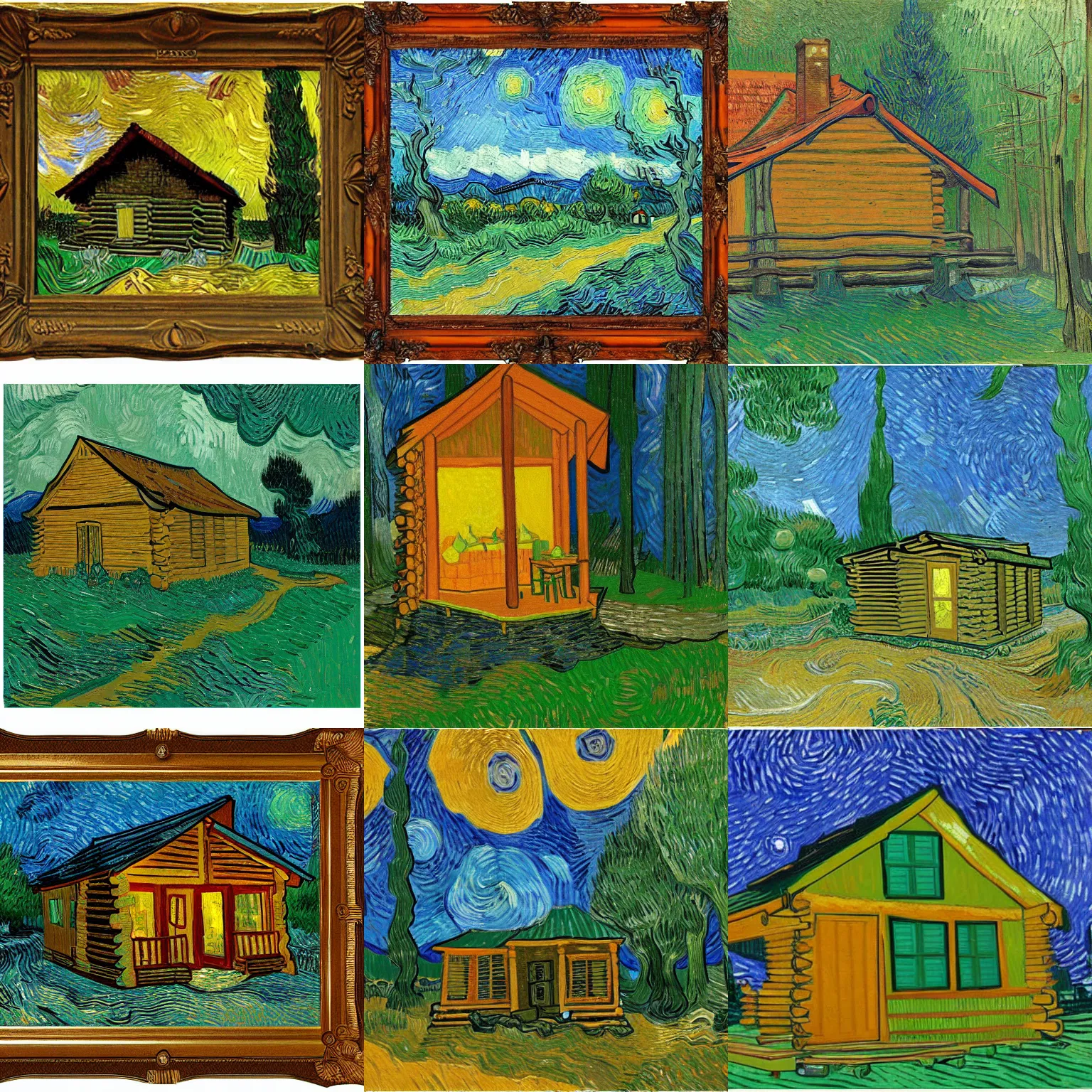 Prompt: [ a log cabin in the forest ] [ van gogh ] [ 3 8 4 0 ]