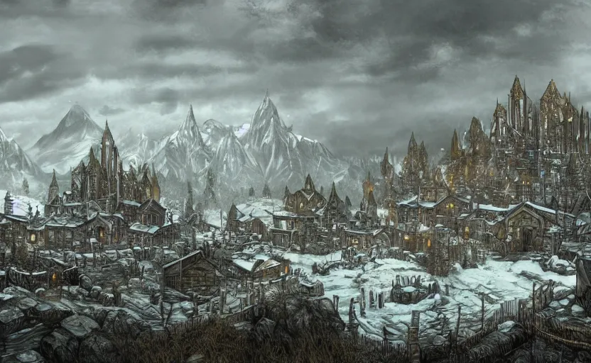 Image similar to whiterun in the style of vsevolod ivanov, hyperborea, concept art