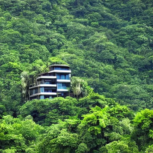 Image similar to a building in a stunning landscape, jungle