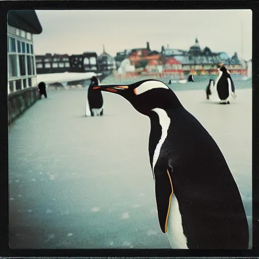 Prompt: penguins in copenhagen, polaroid photograph 1 9 8 0 s