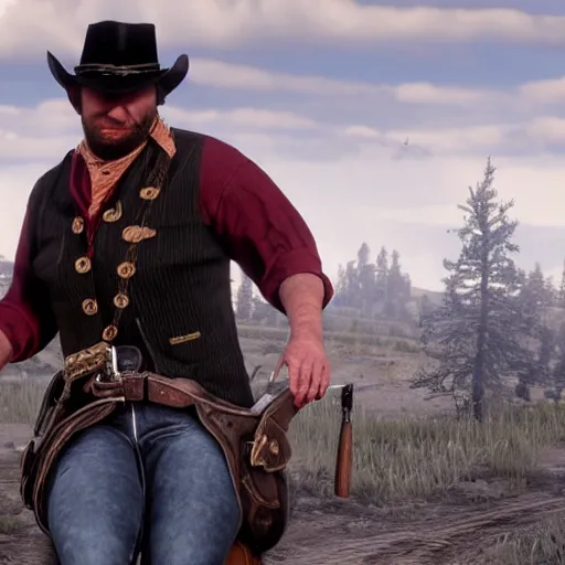 Prompt: Erna Solberg as a cowboy in Red Dead Redemption 2