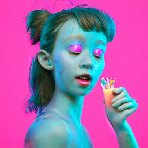 Image similar to born again christian tiktok influencer eating melting crayons and winking to their followers, in the style of james jean, artstation trending, 8 k, 3 d render, photorealistic, volumetric lighting caustics, pink