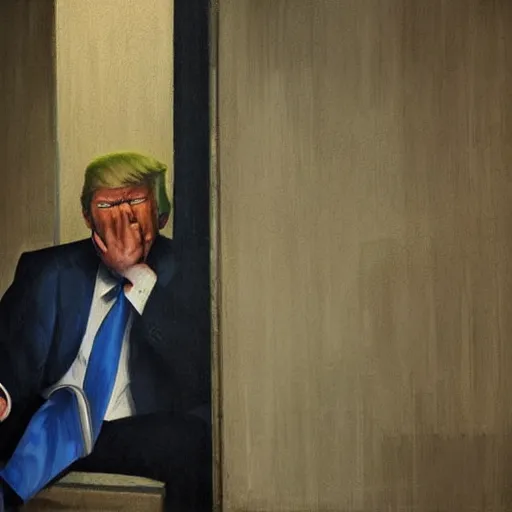 Prompt: a perfect, realistic professional oil painting in classicism style, of Donald Trump crying sitted inside an american prison, by a really great American senior artist on ArtStation, a high-quality Hollywood-style concept, scary, dark