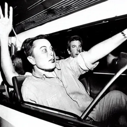 Prompt: retro photo of drunked elon musk driving bus, by hunter thompson