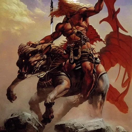 Image similar to barbarian warrior riding a chariot by Boris Vallejo and Frank Frazetta