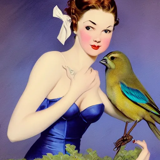 Image similar to portrait of a pinup girl holding an indigo bunting, bird, the bird is wearing a bowtie, by greg rutkowski, rossdraws, gil elvgren, enoch bolles, anime, porcelain skin, very coherent