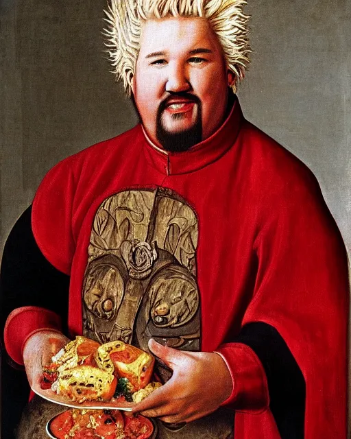 Image similar to a portrait of guy fieri painted by jan van eyck, 4 k detail, portrait