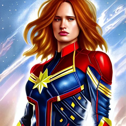 Image similar to ultra realistic illustration, bella thorne as captain marvel, intricate, elegant, highly detailed, digital painting, artstation, concept art, smooth, sharp focus, illustration, art by artgerm and greg rutkowski and alphonse mucha