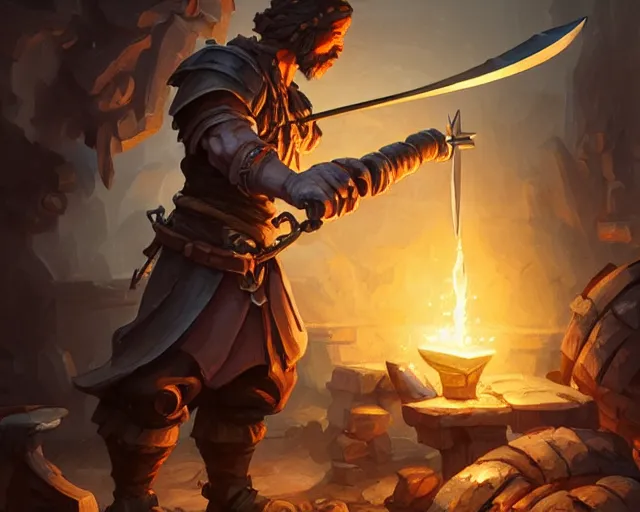 Image similar to a blacksmith hitting a forged sword, deep focus, d & d, fantasy, intricate, elegant, highly detailed, digital painting, artstation, concept art, matte, sharp focus, illustration, hearthstone, art by artgerm and greg rutkowski and alphonse mucha