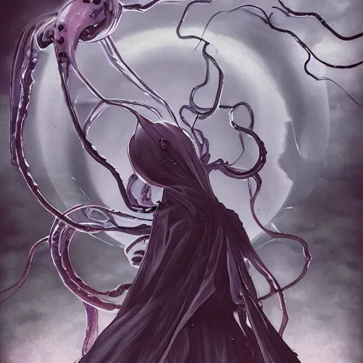 Image similar to an anime art piece by yuji ikehata and satoshi kon, of an ethereal ghostly wraith like figure with a squid like parasite latched onto its head and long tentacle arms that flow lazily but gracefully at its sides like a cloak, for a new resident evil village anime, with inspiration from bloodborne