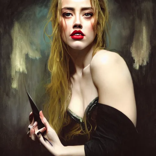 Prompt: hyperrealistic portrait of a woman as amber heard as a vampire witch tears makeup dramatic in a black flower coat reflection in a stone mirror greasy canvas. by jeremy mann and alphonse mucha, fantasy art, photo realistic, dynamic lighting, artstation, poster, volumetric lighting, very detailed faces, 4 k, award winning