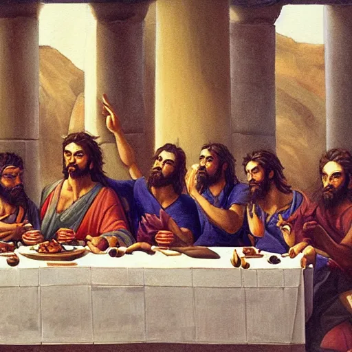 Prompt: ancient greec gods around dinner table in the style of last supper, painting, detailed, trending on artstation