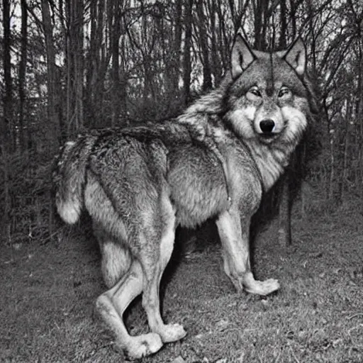 Image similar to trailcam footage of giant huge enormous wolf at night, black and white