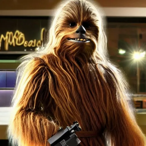 Image similar to Chewbacca robbing a McDonald's