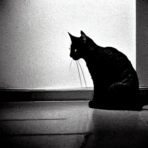 Prompt: depiction of the feeling of hopelessness, worthlessness, loneliness, of a cat, sad, frightening, depressing, miserable, stunning, intelligent, stark, vivid, sharp, crisp, ultra ambient occlusion, reflective, universal shadowing, 3 5 mm, ( 2 0 8 6 ) scary horror film still, extremely atmospheric lighting.