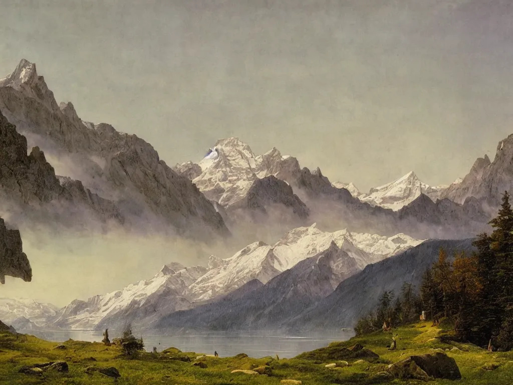 Prompt: a detailed painting of a majestic wilderness in switzerland in spring by caspar david friedrich, high detail, snow capped mountains reflecting on a lake, wildflowers,