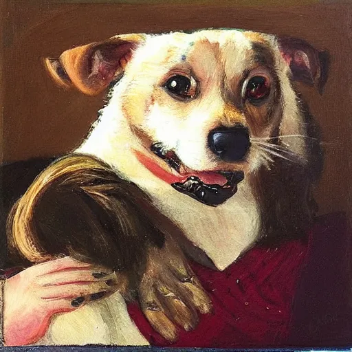 Image similar to “a person by a dog oil panting”