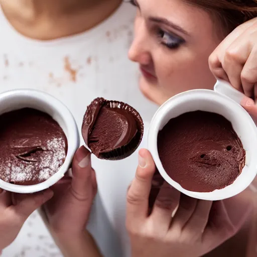 Image similar to two young women fighting over a cup of chocolate pudding, 4k, 35mm