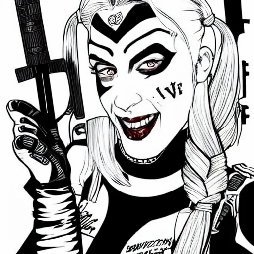 Prompt: Harley Quinn from the suicide squad, black and white, highly detailed