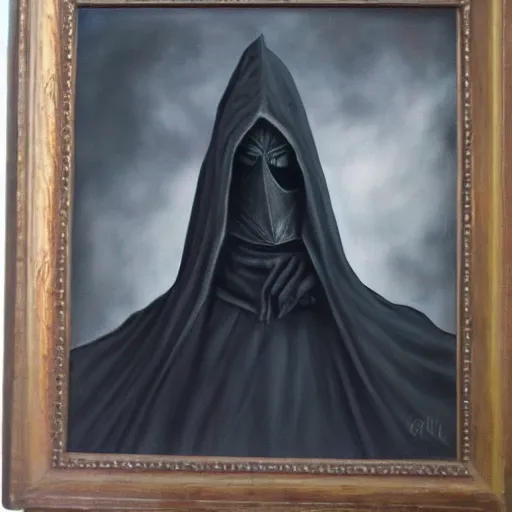 Image similar to a portrait of Nazgul from LOTR, long dark shadowy robes covering face, oil painting, high detail