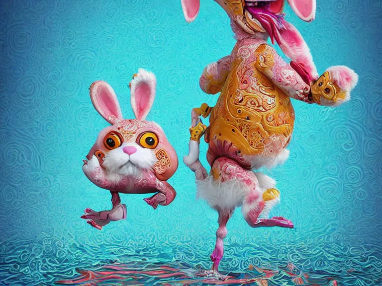Prompt: a cute fluffy rabbit standing in a pool of water and holding a knife makes slicing motions through the air. Alebrijes Aesthetic, lowbrow, pop surrealism art style, contemporary art illustration, Toon Render Keyshot, intricate, chinese caligraphic ink on rice paper, 8K detail post-processing, rob israelart anatomical study,