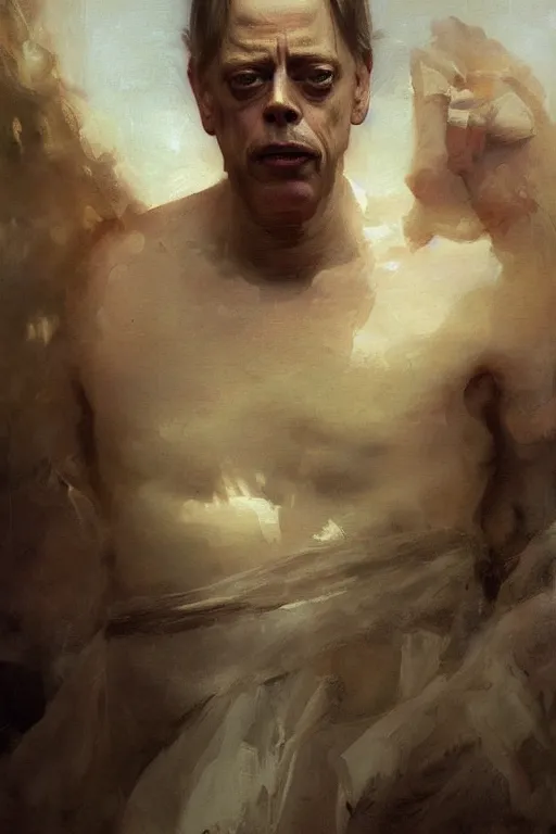 Image similar to beautiful impressionistic oil painting portrait of ancient roman god emperor steve buscemi ascending wearing the civic crown levitating in religious pose, art by anders zorn, wonderful masterpiece by greg rutkowski, expressive brush strokes, beautiful cinematic light, american romanticism by greg manchess, jessica rossier