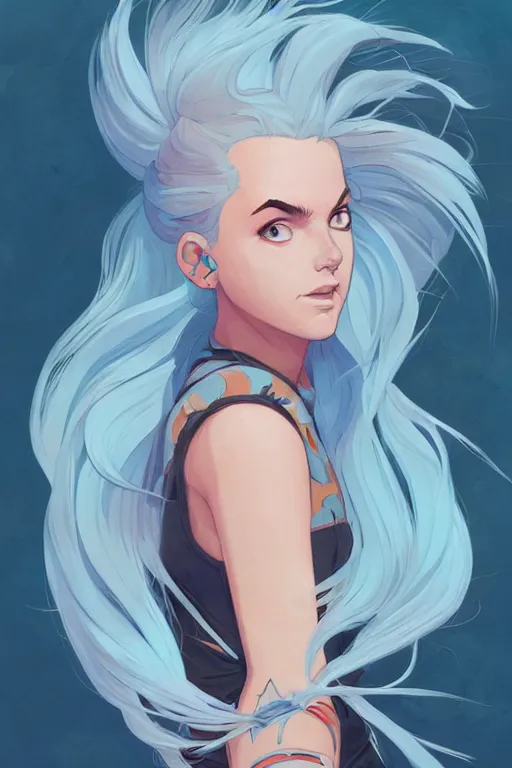 Image similar to portrait painting of a teenage girl with swept back wild blue hair, smirking, fashionable, windy, sharp focus, award - winning, cinematic pose, cinematic lighting, trending on artstation, masterpiece, highly detailed, intricate. art by josan gonzales and moebius and deathburger