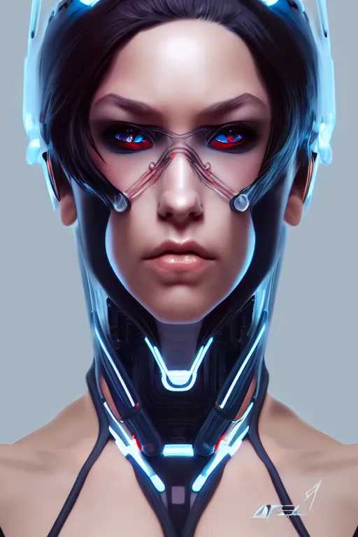 Image similar to portrait of a cyberpunk woman with biomechanichal parts by Artgerm, hyper detailled, trending on artstation