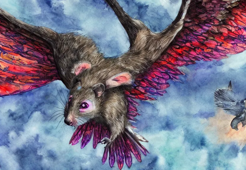 Image similar to legendary colorful winged possum flying over a medieval castle under a dark starred sky, dark fantasy, watercolor, dreaming illusion, highly detailed, 4k, trending on Artstation, award-winning